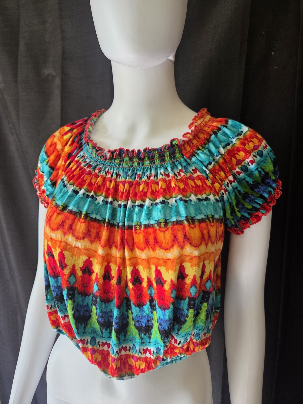 Vintage Y2K Brat Star Rainbow Tie-Dye Blouson Crop Top Dopamine Size L